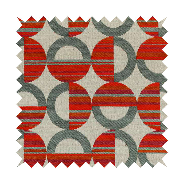Geometric Modern Pattern In Grey Red Colour Chenille Upholstery Fabric JO-901