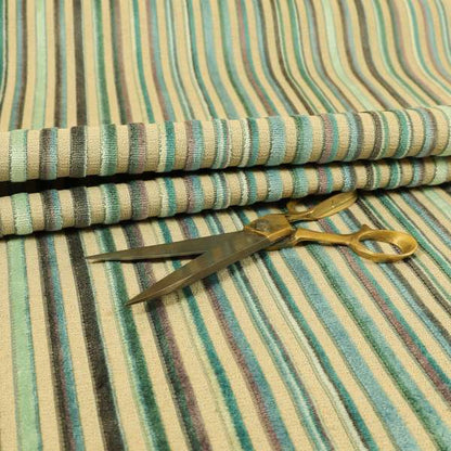 Striped Pattern In Blue Teal Colours Cut Velvet Upholstery Fabric JO-907