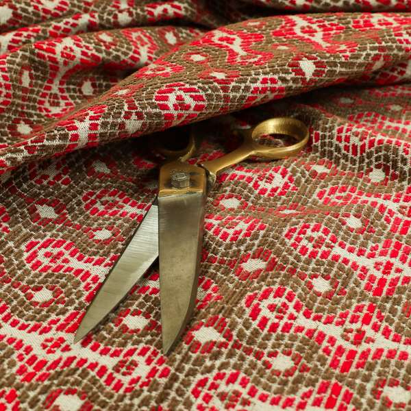 Small Geometric Pattern Red Brown Colour Chenille Upholstery Fabric JO-916 - Made To Measure Curtains