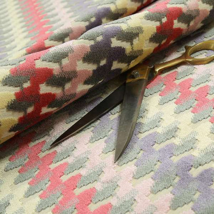 Ziani Cut Velvet Fabric In Geometric Pattern Spring Pink Purple Yellow Grey Colour JO-92 - Made To Measure Curtains