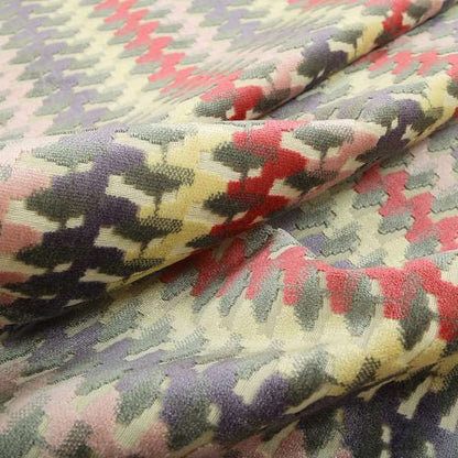 Ziani Cut Velvet Fabric In Geometric Pattern Spring Pink Purple Yellow Grey Colour JO-92 - Made To Measure Curtains