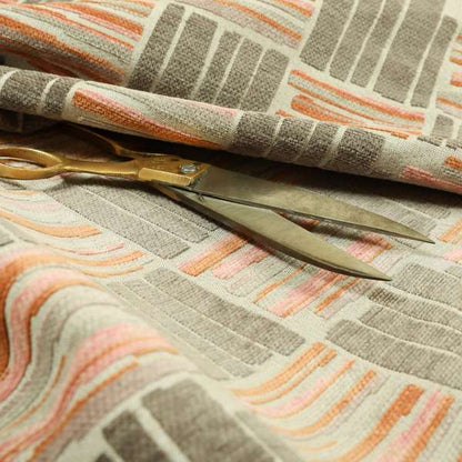 Geometric Modern Striped Pattern In Orange Brown Colour Chenille Upholstery Fabric JO-927 - Made To Measure Curtains