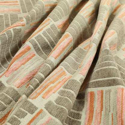 Geometric Modern Striped Pattern In Orange Brown Colour Chenille Upholstery Fabric JO-927 - Made To Measure Curtains