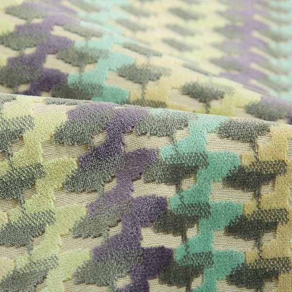 Ziani Cut Velvet Fabric In Geometric Pattern Winter Yellow Teal Purple Grey Colour JO-93 - Made To Measure Curtains