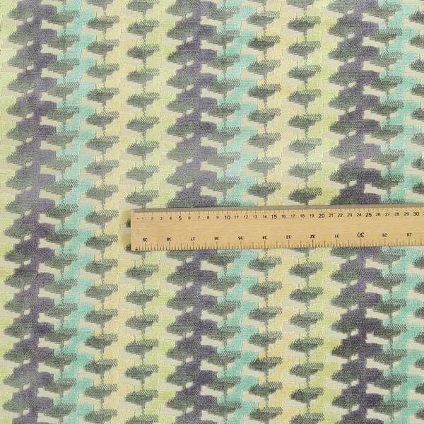 Ziani Cut Velvet Fabric In Geometric Pattern Winter Yellow Teal Purple Grey Colour JO-93 - Roman Blinds