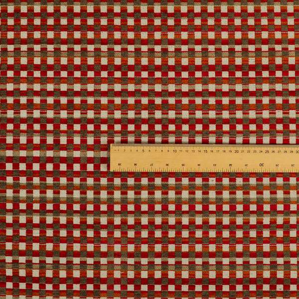 Modern Polka Square Pattern In Red Orange Brown Colour Chenille Upholstery Fabric JO-931