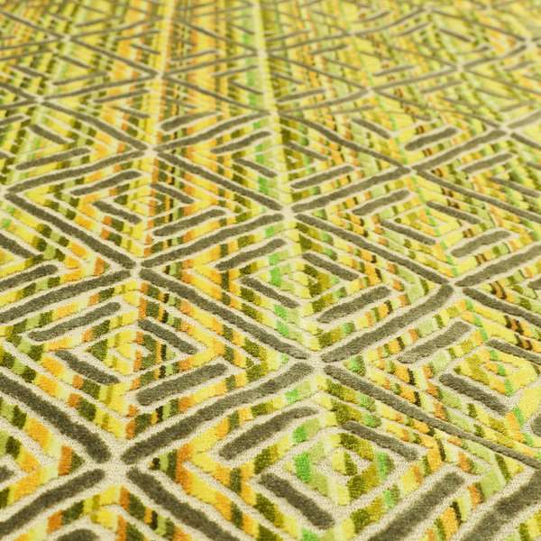 Geometric Modern Squared Pattern In Green Grey Colour Velvet Upholstery Fabric JO-938