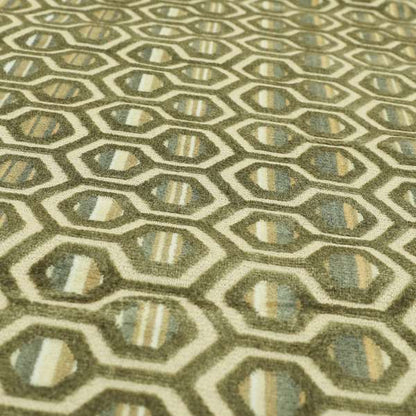 Hexagon Pattern In Green Grey Colour Velvet Upholstery Fabric JO-953