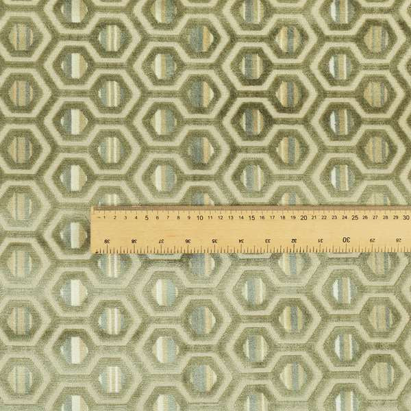 Hexagon Pattern In Green Grey Colour Velvet Upholstery Fabric JO-953 - Roman Blinds