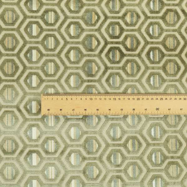 Hexagon Pattern In Green Grey Colour Velvet Upholstery Fabric JO-953