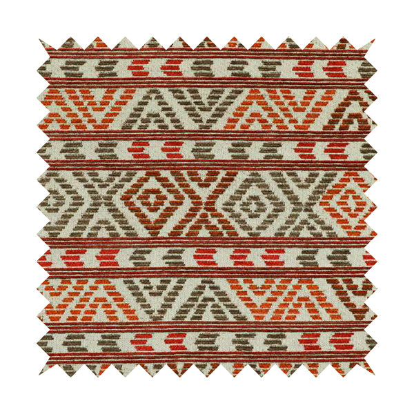 Tribal Aztec Pattern Orange Red Colour Chenille Upholstery Fabric JO-955 - Made To Measure Curtains