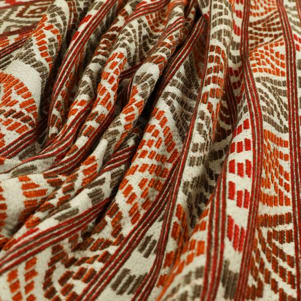 Tribal Aztec Pattern Orange Red Colour Chenille Upholstery Fabric JO-955 - Made To Measure Curtains