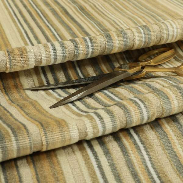 Striped Pattern In Beige Grey Colour Velvet Upholstery Fabric JO-959 - Made To Measure Curtains