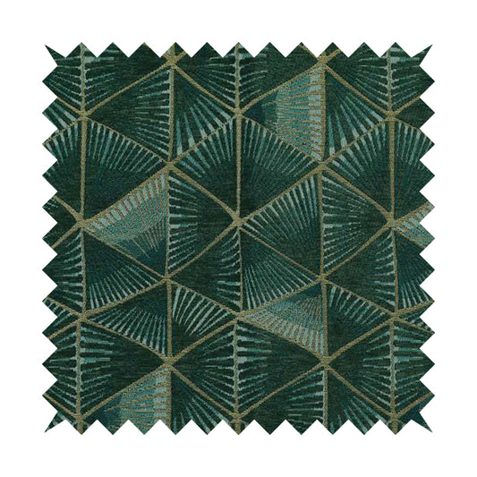 Geometric Triangular Furnishing Pattern Green Gold Coloured Chenille Material Fabric JO-96