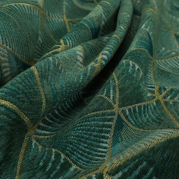 Geometric Triangular Furnishing Pattern Green Gold Coloured Chenille Material Fabric JO-96