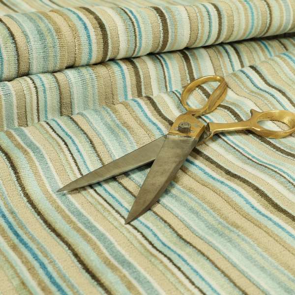 Striped Pattern In Blue Brown Colour Velvet Upholstery Fabric JO-970 - Made To Measure Curtains