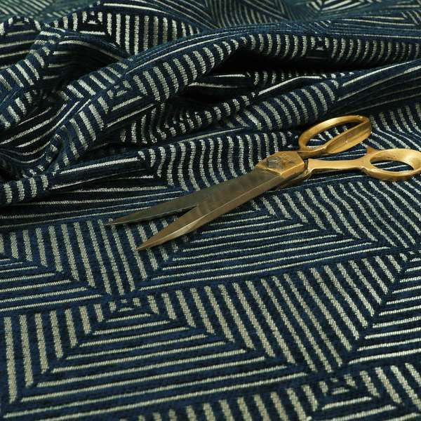 Navy Blue Silver Shiny Geometric Triangle Pattern Soft Chenille Upholstery Fabric JO-971 - Made To Measure Curtains