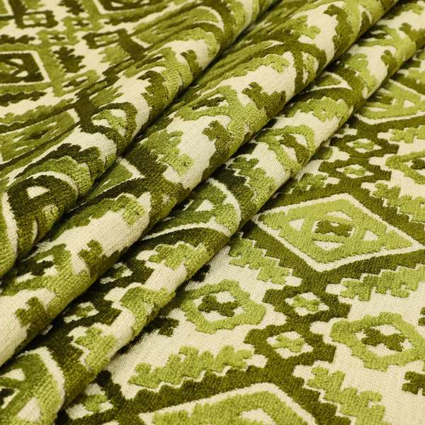 Kilim Pattern Cut Velvet Material Green Coloured Upholstery Fabric JO-979 - Made To Measure Curtains