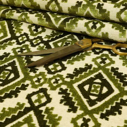 Kilim Pattern Cut Velvet Material Green Coloured Upholstery Fabric JO-979