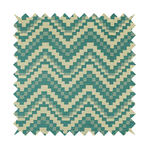 Blue Cream Colour Cubed Chevron Pattern Furnishing Fabric JO-984 - Made To Measure Curtains