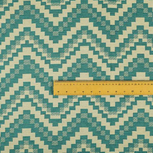 Blue Cream Colour Cubed Chevron Pattern Furnishing Fabric JO-984 - Made To Measure Curtains