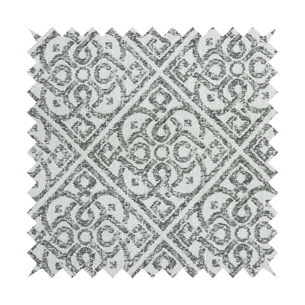 Victoria Medallion Tile Design Fabric In White Grey Woven Soft Chenille Furnishing Fabric JO-99 - Made To Measure Curtains