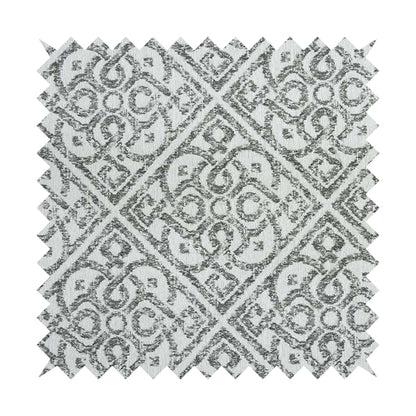 Victoria Medallion Tile Design Fabric In White Grey Woven Soft Chenille Furnishing Fabric JO-99