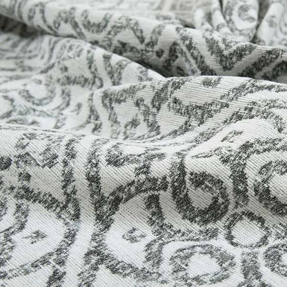 Victoria Medallion Tile Design Fabric In White Grey Woven Soft Chenille Furnishing Fabric JO-99 - Made To Measure Curtains