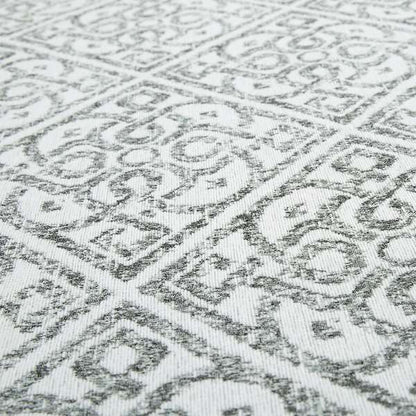 Victoria Medallion Tile Design Fabric In White Grey Woven Soft Chenille Furnishing Fabric JO-99 - Roman Blinds