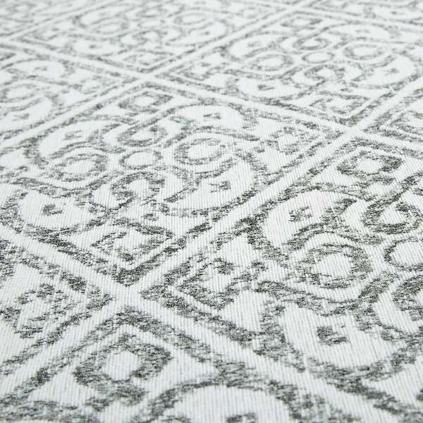 Victoria Medallion Tile Design Fabric In White Grey Woven Soft Chenille Furnishing Fabric JO-99 - Made To Measure Curtains