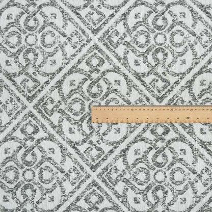 Victoria Medallion Tile Design Fabric In White Grey Woven Soft Chenille Furnishing Fabric JO-99 - Roman Blinds