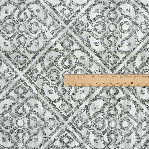 Victoria Medallion Tile Design Fabric In White Grey Woven Soft Chenille Furnishing Fabric JO-99 - Made To Measure Curtains