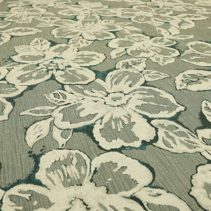 Floral Leaf Design In White Blue Colour Chenille Furnishing Fabric JU030316-05