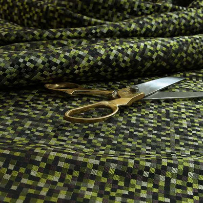 Katy Polka Square Checked Pattern Green Black Upholstery Fabric