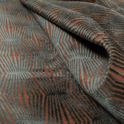 Kyoto Argyle Geometric Pattern Velvet Fabric In Grey Orange Colour - Made To Measure Curtains