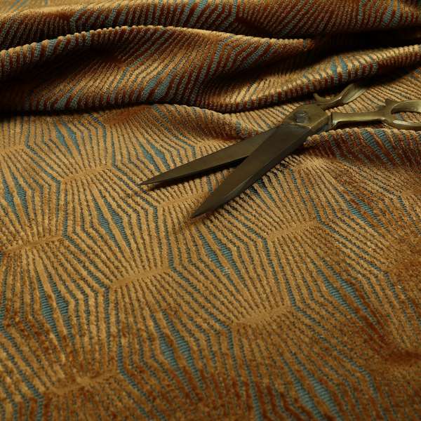 Kyoto Argyle Geometric Pattern Velvet Fabric In Orange Blue Colour - Made To Measure Curtains