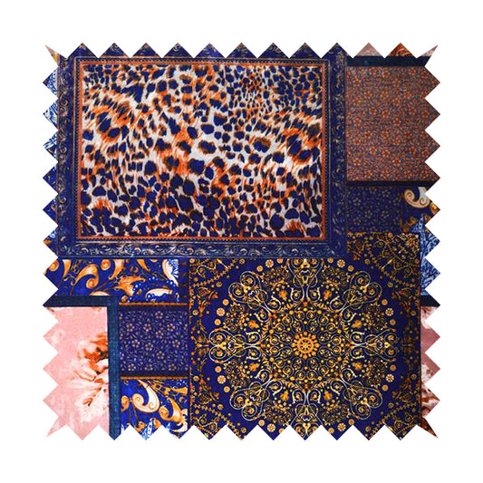 British Designed Printed Elegant Blue Colour Patchwork Printed On Luxury Crushed Velvet