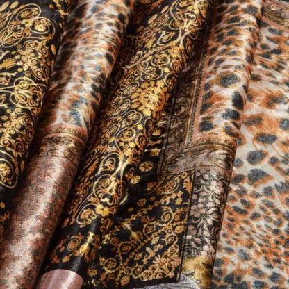 British Designed Printed Elegant Brown Colour Patchwork Printed On Luxury Crushed Velvet