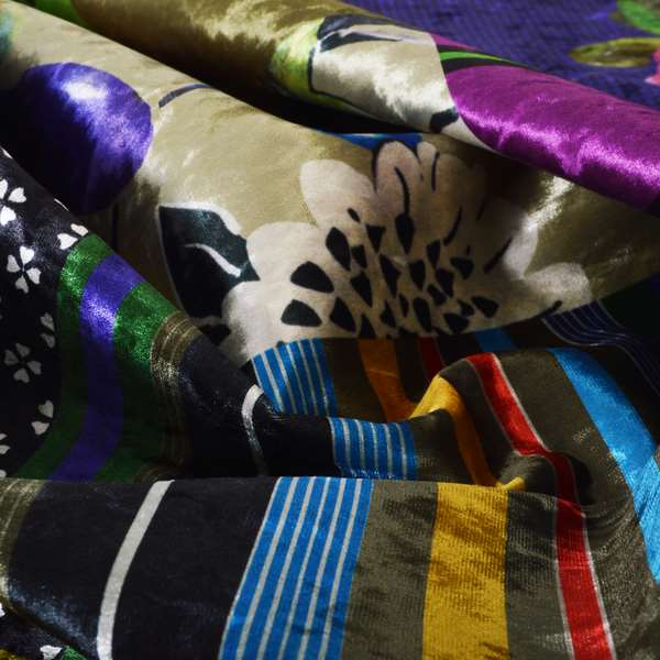 British Designed Printed Multi Coloured Alice Wonder Patchwork Printed On Luxury Crushed Velvet - Made To Measure Curtains