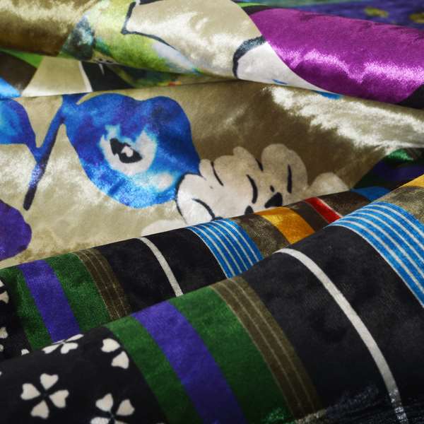 British Designed Printed Multi Coloured Alice Wonder Patchwork Printed On Luxury Crushed Velvet - Made To Measure Curtains