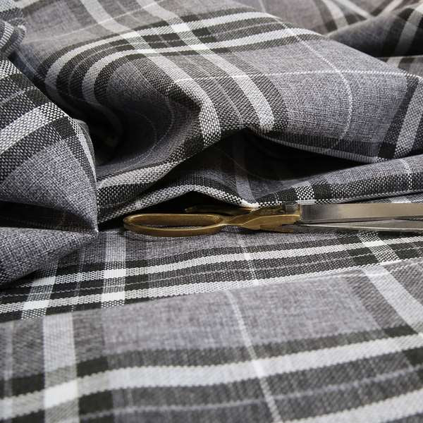 Louise Scottish Inspired Tartan Design Chenille Upholstery Fabric Light Grey Colour
