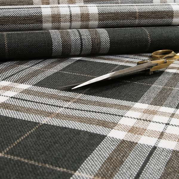 Louise Scottish Inspired Tartan Design Chenille Upholstery Fabric Black Colour - Made To Measure Curtains