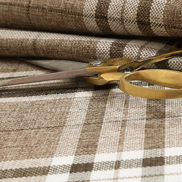 Louise Scottish Inspired Tartan Design Chenille Upholstery Fabric Light Brown Colour - Made To Measure Curtains