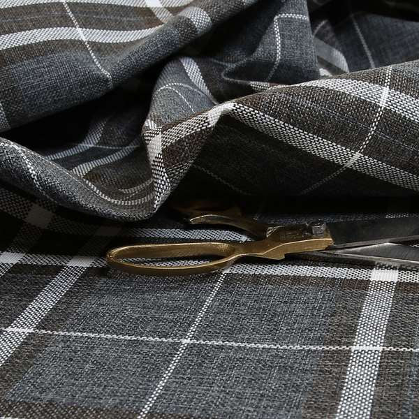 Louise Scottish Inspired Tartan Design Chenille Upholstery Fabric Dark Charcoal Grey Colour