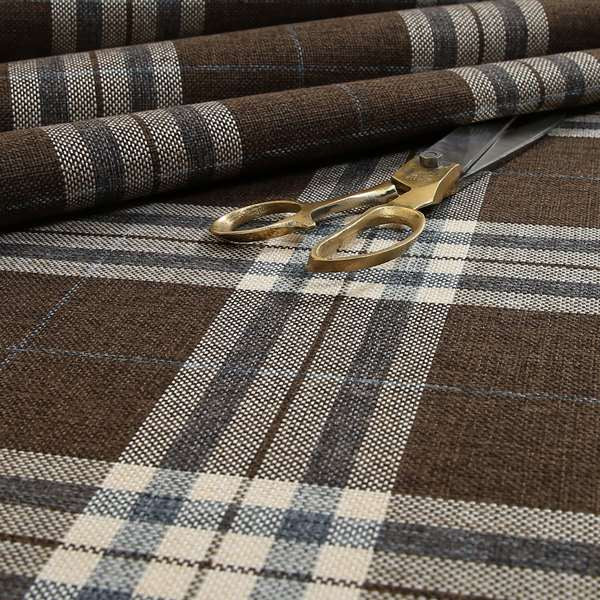 Louise Scottish Inspired Tartan Design Chenille Upholstery Fabric Brown Colour