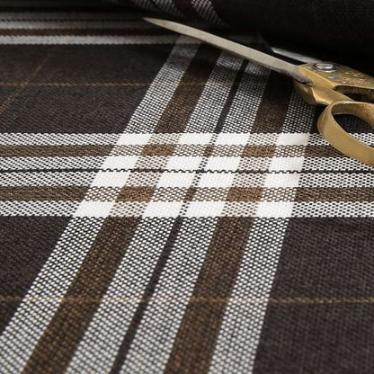 Louise Scottish Inspired Tartan Design Chenille Upholstery Fabric Chocolate Colour