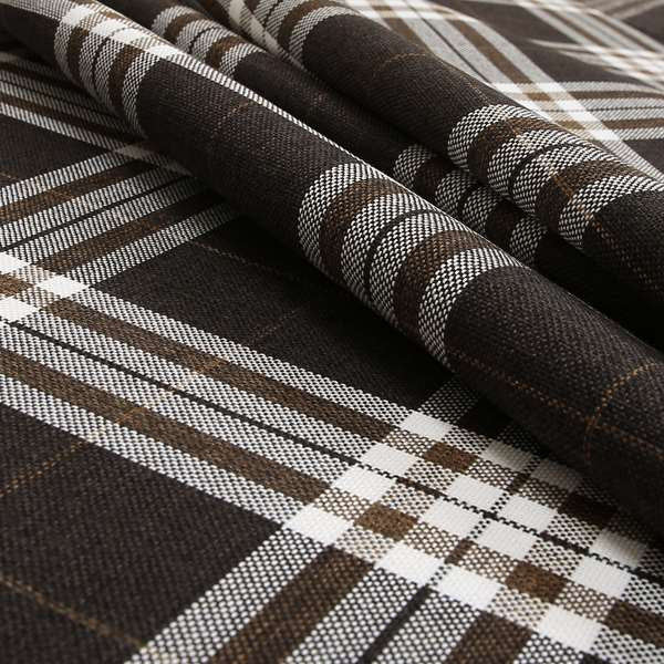 Louise Scottish Inspired Tartan Design Chenille Upholstery Fabric Chocolate Colour