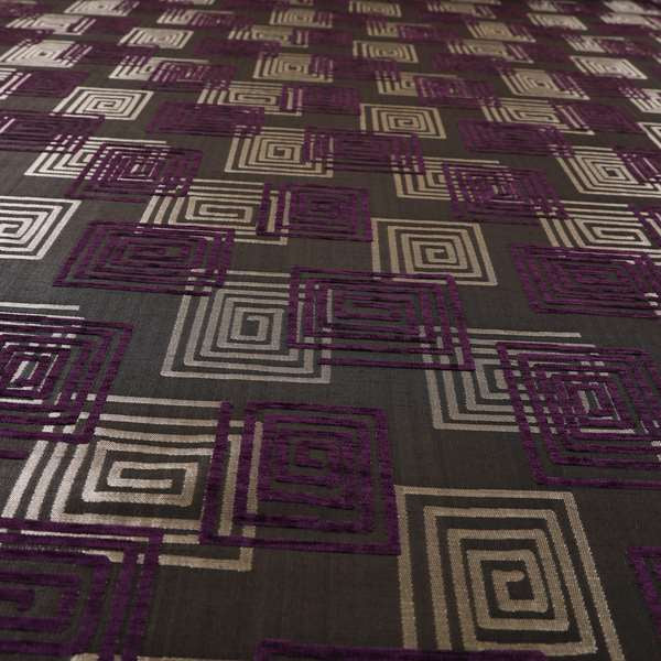 Tinto Shiny Finish Modern Geometric Pattern Chenille Upholstery Fabric In Purple Colour With Silver Grey Background MSS-23