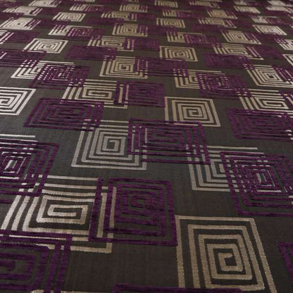 Tinto Shiny Finish Modern Geometric Pattern Chenille Upholstery Fabric In Purple Colour With Silver Grey Background MSS-23