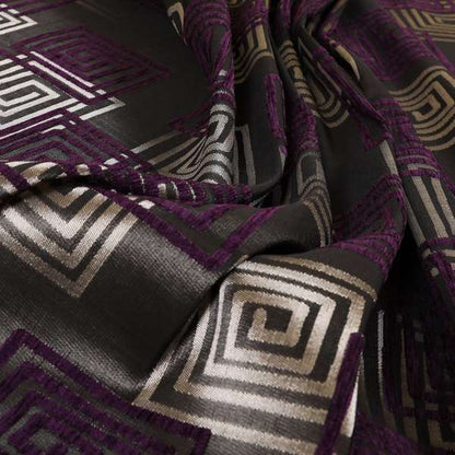 Tinto Shiny Finish Modern Geometric Pattern Chenille Upholstery Fabric In Purple Colour With Silver Grey Background MSS-23 - Made To Measure Curtains